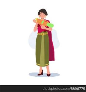  woman inSongkran Festival concept. Culture in Thailand. woman in Thai traditional clothings is holding water gun. Flat Vector Illustration