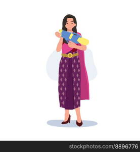  woman inSongkran Festival concept. Culture in Thailand. woman in Thai traditional clothings is holding water gun. Flat Vector Illustration