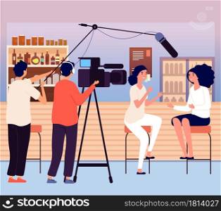 Woman interview in bar. Vlog or bloggers, video content for social media. Videographer and journalist, girls talking vector illustration. Broadcast cartoon record and broadcasting by journalist. Woman interview in bar. Vlog or bloggers, video content for social media. Videographer and journalist, girls talking vector illustration