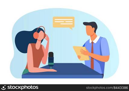 Woman interviewing man with document. Radio, headset, microphone. Flat vector illustration. Podcast concept can be used for presentations, banner, website design, landing web page