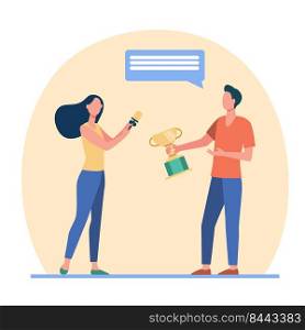 Woman interviewing winner. Microphone, cup. Flat vector illustration. Mass media or competition concept can be used for presentations, banner, website design, landing web page