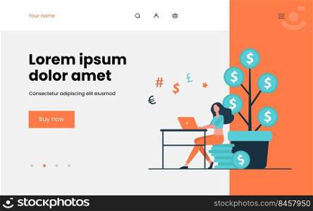 Woman investing money. Investor using computer, growing cash tree flat vector illustration. Trading, finance, investment concept for banner, website design or landing web page