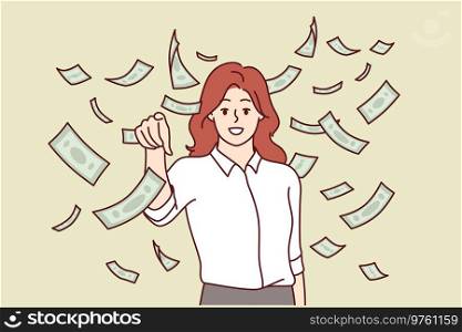 Woman investor stands among rain of money and points finger at you, asking about desire to make money on financial market. Rich girl investor gets big income from bank deposit or founding startup. Woman investor stands among rain money and points finger at you, asking about desire to make money
