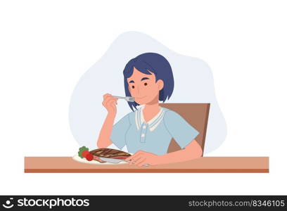 woman is eating a beef steak on the table. vector illustrations.