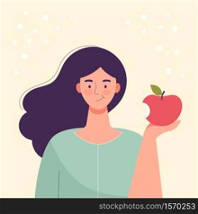 Woman is eating an apple. Diet food, healthy lifestyle, vegetarian food, raw food diet. Student snack. Flat cartoon vector illustration.