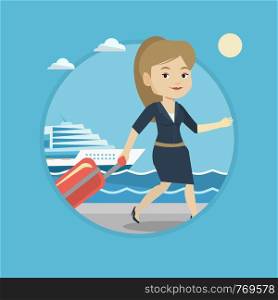 Woman is going to voyage on cruise liner. Woman walking on the background of cruise liner. Passenger of cruise liner walking. Vector flat design illustration in the circle isolated on background.. Passenger with suitcase going to shipboard.