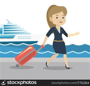 Woman is going to voyage on cruise liner. Woman walking on the background of cruise liner. Passenger of cruise liner walking on the pier. Vector flat design illustration isolated on white background.. Passenger with suitcase going to shipboard.