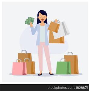 woman is happy with shopping ,she spend a lot of money.Shopping shopaholic concept. Flat vector 2d cartoon character illustration.