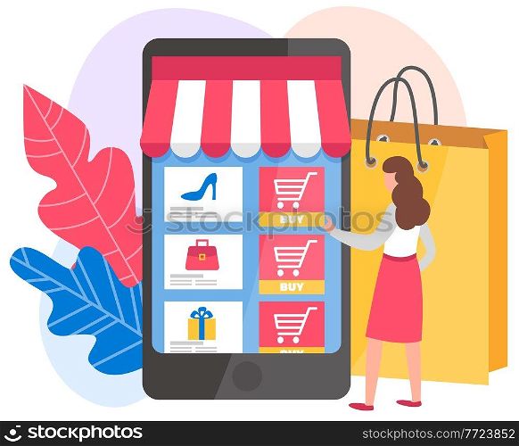 Woman is pressing button by on the phone screen. Application for online shopping via the internet. Girl chooses goods on the Internet. Program for making purchases online vector illustration. Woman presses button by on the phone screen. Application for online shopping via the internet