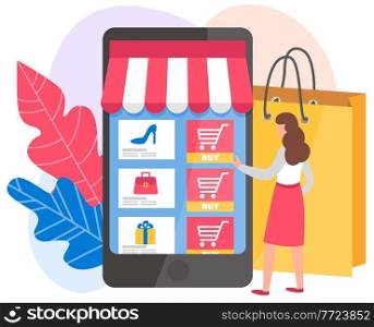 Woman is pressing button by on the phone screen. Application for online shopping via the internet. Girl chooses goods on the Internet. Program for making purchases online vector illustration. Woman presses button by on the phone screen. Application for online shopping via the internet