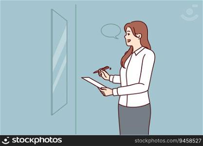 Woman is rehearsing motivational speech standing in front of mirror and learning oratory and persuasive skills. Businesswoman with pen and piece of paper rehearsing presentation speech for conference. Woman is rehearsing motivational speech standing in front of mirror and learning oratory