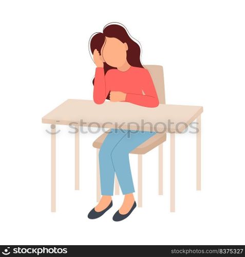 Woman is sad. Lonely woman sits at empty table and bored. Young girl sits on chair and thinks. Tired female persona concept. Vector illustration faceless human. Woman sad Lonely woman sits at empty table and bored