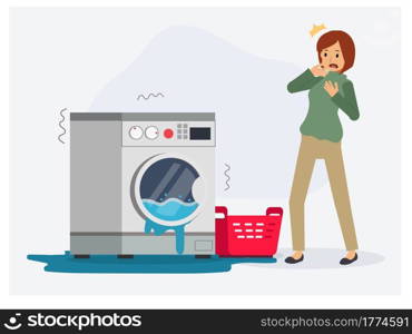 Woman is shocking due to her washing machine is broken , water flood out from washing machine need to fix,repair. Flat vector cartoon character illustration
