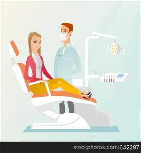 Woman is sitting in a dental chair while a dentist is standing nearby. Doctor and patient in the dental clinic. Patient at a reception at a dentist. Vector flat design illustration. Square layout.. Patient and doctor in the dentist office.