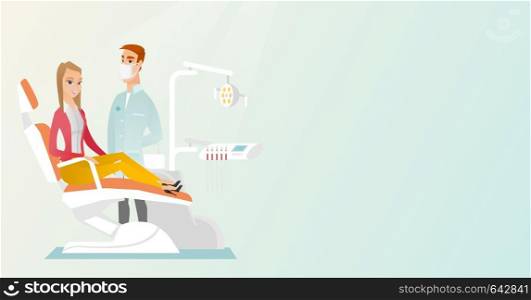 Woman is sitting in a dental chair while a dentist is standing nearby. Doctor and patient in the dental clinic. Patient at a reception at a dentist. Vector flat design illustration. Horizontal layout.. Patient and doctor in the dentist office.