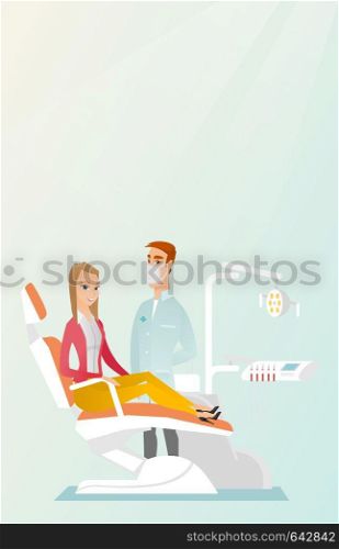 Woman is sitting in a dental chair while a dentist is standing nearby. Doctor and patient in the dental clinic. Patient at a reception at a dentist. Vector flat design illustration. Vertical layout.. Patient and doctor in the dentist office.