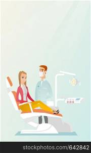 Woman is sitting in a dental chair while a dentist is standing nearby. Doctor and patient in the dental clinic. Patient at a reception at a dentist. Vector flat design illustration. Vertical layout.. Patient and doctor in the dentist office.