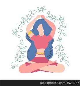 Woman is sitting in lotus position decorated with leaves and flowers. The concept of meditation, health benefits for the body, control over the mind and emotions.. Woman is sitting in lotus position. The concept of meditation, health benefits for the body, control over the mind and emotions
