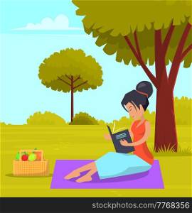 Woman is sitting on grass in summer park and reading book, enjoying good weather. Girl spends time outdoors vector illustration. Female character looks at book in her hands resting in city garden. Woman is sitting on grass in summer city park and reading book, resting, enjoying good weather