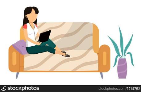Woman is sitting on the couch and listening to music. Girl with a tablet and headphones in her hands. Female character resting and spending time at home. Person relaxing with songs vector illustration. Woman is sitting on the couch and listening to music. Girl with a tablet and headphones in her hands