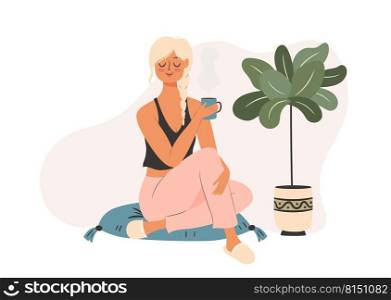 Woman is sitting on the floor and drinking coffee. Self time concept illustration