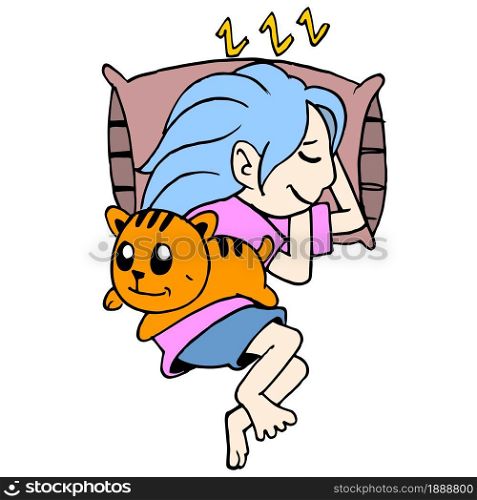 woman is sleeping with her cute pet cat. cartoon illustration sticker mascot emoticon