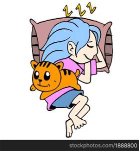 woman is sleeping with her cute pet cat. cartoon illustration sticker mascot emoticon