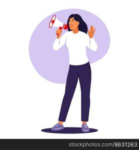 Woman is speaking into a megaphone. Announcement, warning concept. Vector illustration. Flat.