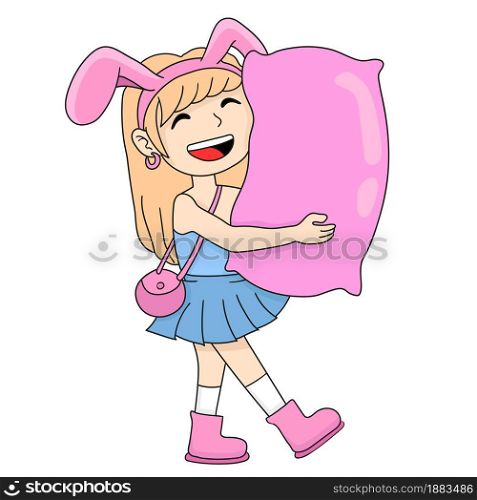 woman is walking while hugging a pillow. cartoon illustration sticker