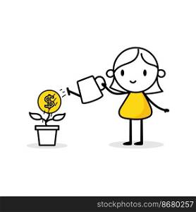 Woman is watering a money tree with a watering can. Boy gardener grows plant. Green economy and funding concept. Vector stock illustration