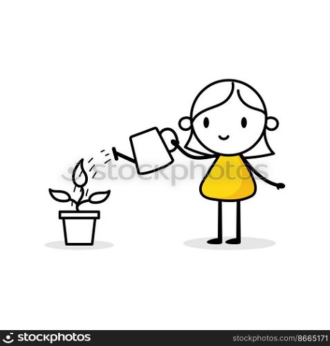 Woman is watering a plant with a watering can. Boy gardener grows plant. Green economy and forestation concept. Vector stock illustration
