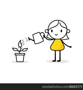 Woman is watering a plant with a watering can. Boy gardener grows plant. Green economy and forestation concept. Vector stock illustration