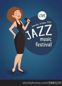 Woman Jazz Singer Illustration . Woman jazz singer with a poster about live jazz music festival cartoon vector illustration