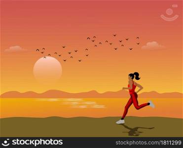 woman jogging on beach by the sea with sunset in the background