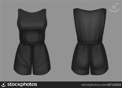 Woman jumpsuit 3d vector overalls blank mockup. Black female apparel with shorts and sleeveless tank top realistic template. Girls clothes, summer garment or nightwear, isolated outfit design mock up. Woman jumpsuit 3d vector overalls blank mockup
