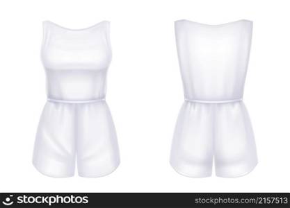 Woman jumpsuit 3d vector overalls blank mockup. White female apparel with shorts and sleeveless tank top realistic template. Girls clothes, summer garment or nightwear, isolated outfit design mock up. Woman jumpsuit 3d vector overalls blank mockup