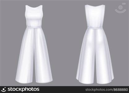 Woman jumpsuit 3d vector overalls blank mockup. White female apparel with trousers and sleeveless tank top realistic template. Girls summer garment front and rear view, isolated outfit design mock up. Woman jumpsuit 3d vector overalls blank mockup