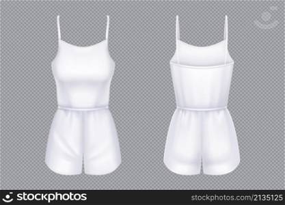 Woman jumpsuit mockup. Vector 3d template of blank white female overalls with shorts and sleeveless tank top. Realistic girls clothes, summer garment or nightwear isolated on transparent background. Woman white jumpsuit with shorts mockup