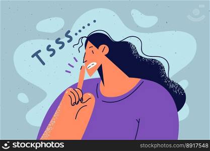 Woman keep finger at lips asking be quiet or silent. Secretive female making hand gesture beg to hush. Nonverbal communication and body language. Vector illustration. . Woman keep finger at lips ask be quiet 