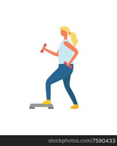 Woman keeping fit vector, person leading healthy and active lifestyle. Training lady with dumbbells, working out blond with long hair, character flat style. Fitness, Woman in Gym with Dumbbells in Hands