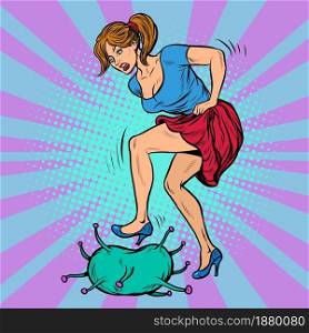 woman kick coronavirus. Pop art retro vector illustration 50s 60s style. woman kick coronavirus