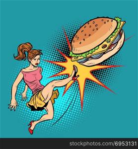 Woman kicks Burger, fastfood and healthy food. Pop art retro vector illustration comic cartoon kitsch drawing. Woman kicks Burger, fastfood and healthy food