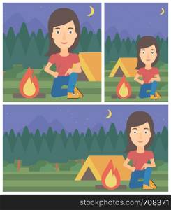 Woman kindling campfire on the background of camping site with tent. Tourist relaxing near campfire. Woman sitting near campfire. Vector flat design illustration. Square, horizontal, vertical layouts.. Woman kindling campfire vector illustration.