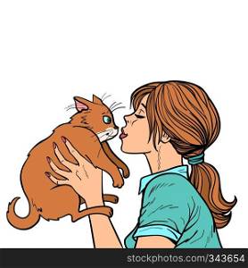 woman kisses a cat. Comic cartoon pop art vector retro vintage drawing. woman kisses a cat