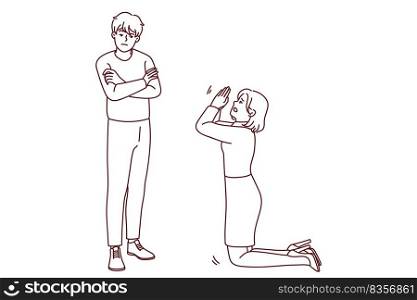 Woman kneel ask forgiveness from man. Female stand on knees beg stubborn offended male to forgive. Relationship problems. Vector illustration. . Woman kneel in front of man ask forgiveness