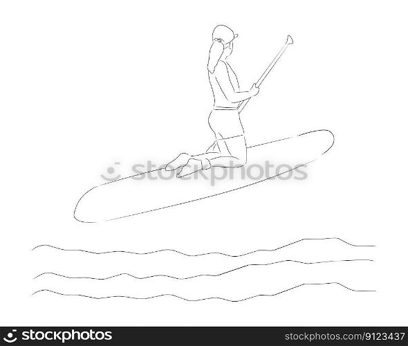 Woman kneeling on sup board, vector. Hand drawn sketch. A woman sits on her knees on a sup board with a paddle.