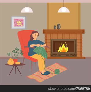 Woman knitting, female in slippers sitting on chair near fireplace, table with teapot and house-plant, person holding needles, needlecraft or hobby vector. Woman Needlecraft, Knitting near Fireplace Vector