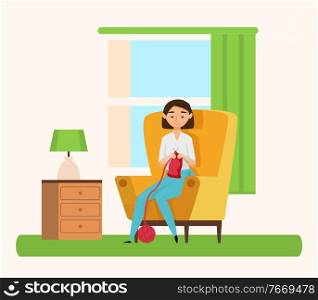 Woman knitting, hobby past time. Vector cartoon style lady sitting on armchair and needle crafting. Person with needles, crocheting cloth, needlework indoors. Knitting Hobby, Girl Needle-crafting, Cloth Vector