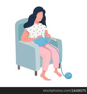 Woman knitting in armchair semi flat color vector character. Improve emotional wellbeing. Full body person on white. Simple cartoon style illustration for web graphic design and animation. Woman knitting in armchair semi flat color vector character
