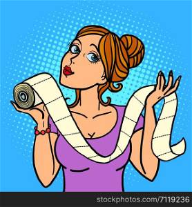 woman lady girl and toilet paper. Comic cartoon pop art retro vector illustration drawing. woman lady girl and toilet paper